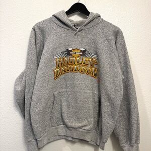 80s 3D Emblem Harley Davidson Grey Pullover Biker Hoodie L 23x24